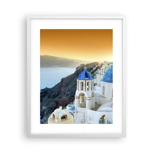 Plakat w białej ramie - Santorini - przytulone do skał - 40x50 cm