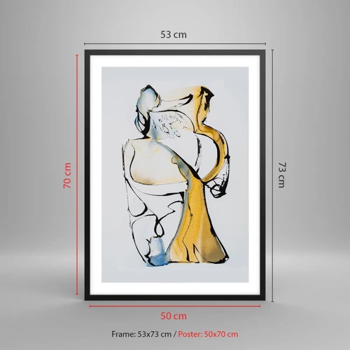 Plakat w czarnej ramie - Abstrakcja szklana - Abstrakcyjna figura w czerni, żółci i błękicie, wyrażająca ruch i emocje - 50x70cm