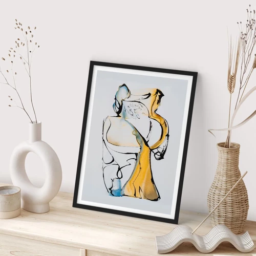 Plakat w czarnej ramie - Abstrakcja szklana - Abstrakcyjna figura w czerni, żółci i błękicie, wyrażająca ruch i emocje - 50x70cm