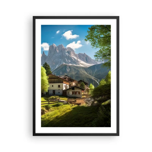 Plakat w czarnej ramie - Alpejska sielanka - Górska wioska u podnóża majestatycznych szczytów - 50x70cm