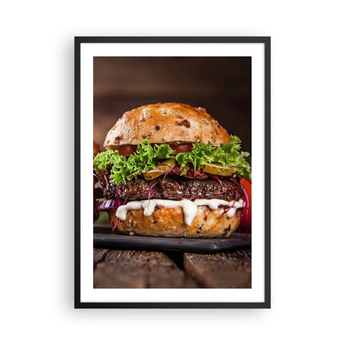 Plakat w czarnej ramie - American dream - Apetyczny burger z warzywami i sosem - 50x70cm