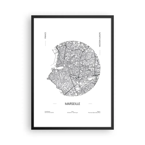 Plakat w czarnej ramie - Anatomia Marsylii - Minimalistyczna mapa Marsylii w okręgu - 50x70cm