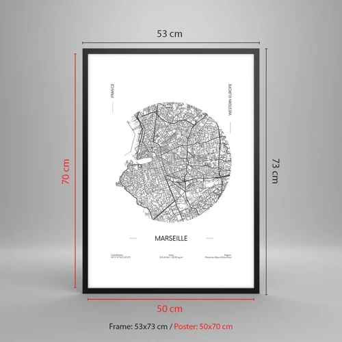 Plakat w czarnej ramie - Anatomia Marsylii - Minimalistyczna mapa Marsylii w okręgu - 50x70cm