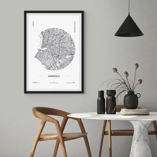 Plakat w czarnej ramie - Anatomia Marsylii - Minimalistyczna mapa Marsylii w okręgu - 50x70cm