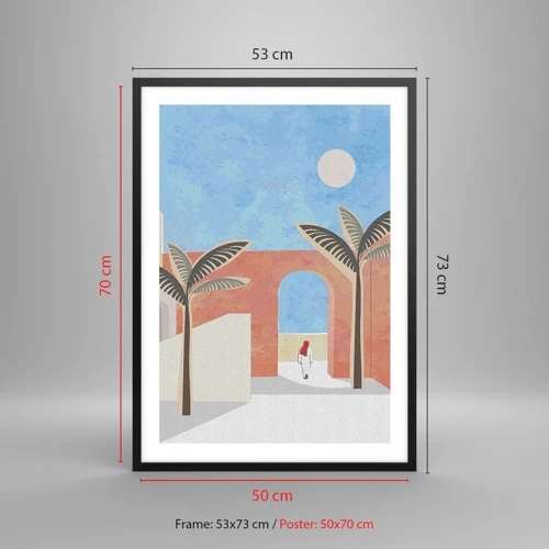 Plakat w czarnej ramie - Arabski dzień - Minimalistyczna sceneria z palmami i łukiem - 50x70cm