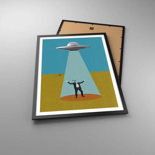 Plakat w czarnej ramie - Bliskie spotkanie - Retro ilustracja przedstawiająca porwanie przez UFO - 50x70cm