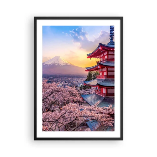 Plakat w czarnej ramie - Esencja japońskiego ducha - Pagoda z widokiem na górę Fuji otoczoną kwitnącymi wiśniami o zachodzie słońca - 50x70cm