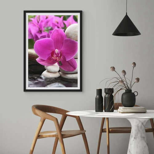 Plakat w czarnej ramie - Już odpoczywasz - Fioletowa orchidea na tle kamieni w harmonijnym ułożeniu - 50x70cm