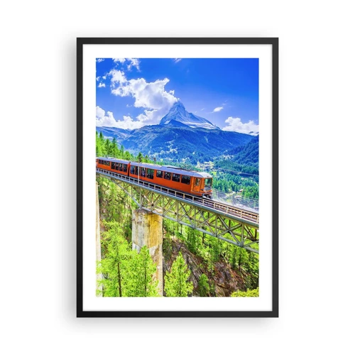 Plakat w czarnej ramie - Kolej na Alpy - Pociąg na moście w Alpach z widokiem na górę Matterhorn - 50x70cm