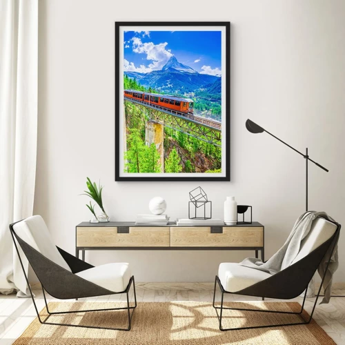 Plakat w czarnej ramie - Kolej na Alpy - Pociąg na moście w Alpach z widokiem na górę Matterhorn - 50x70cm