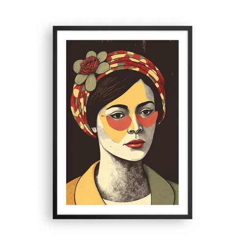 Plakat w czarnej ramie - Koralowa dama - Stylizowany portret kobiety w turbanie z kwiatowym akcentem - 50x70cm