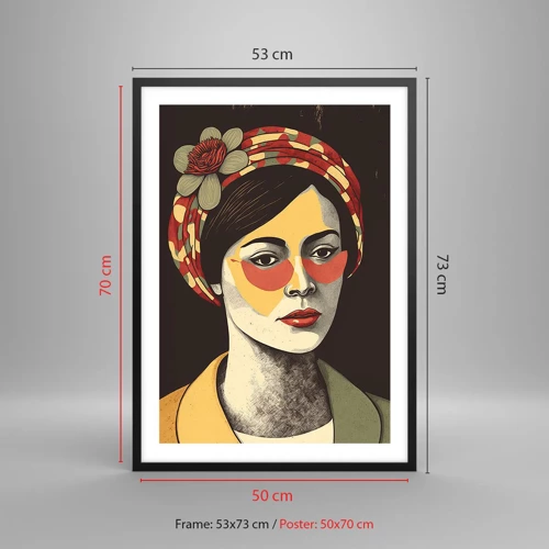 Plakat w czarnej ramie - Koralowa dama - Stylizowany portret kobiety w turbanie z kwiatowym akcentem - 50x70cm