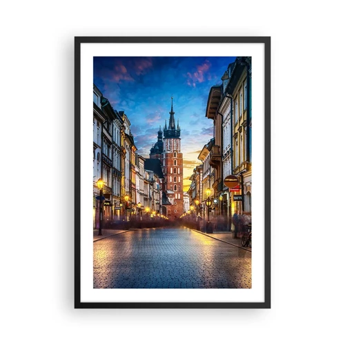 Plakat w czarnej ramie - Krakowski czar - Wieczorny widok na ulicę Grodzką i Kościół Mariacki w Krakowie - 50x70cm