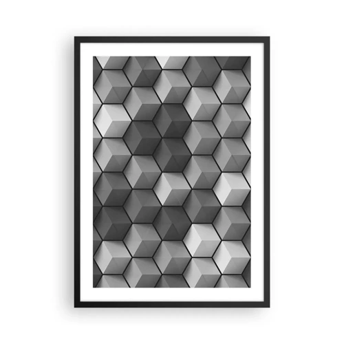 Plakat w czarnej ramie - Kubistyczna układanka - Czarno-biała kompozycja geometrycznych sześcianów 3D - 50x70cm