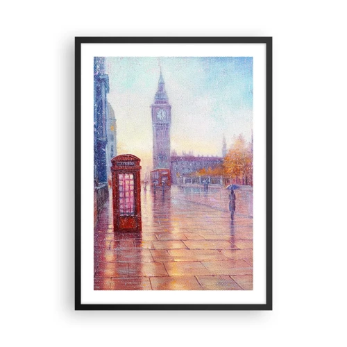 Plakat w czarnej ramie - Londyński jesienny dzień - Big Ben i czerwona budka telefoniczna w deszczowy dzień - 50x70cm