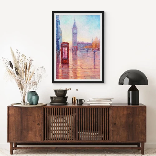 Plakat w czarnej ramie - Londyński jesienny dzień - Big Ben i czerwona budka telefoniczna w deszczowy dzień - 50x70cm