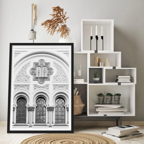 Plakat w czarnej ramie - Na pograniczu kultur - Detal architektoniczny w stylu neogotyckim, czarno-biały - 50x70cm