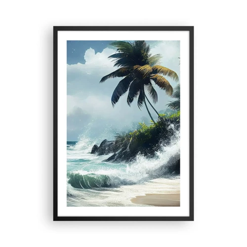 Plakat w czarnej ramie - Na tropikalnym brzegu - Tropikalna plaża z palmami i wzburzonym oceanem - 50x70cm