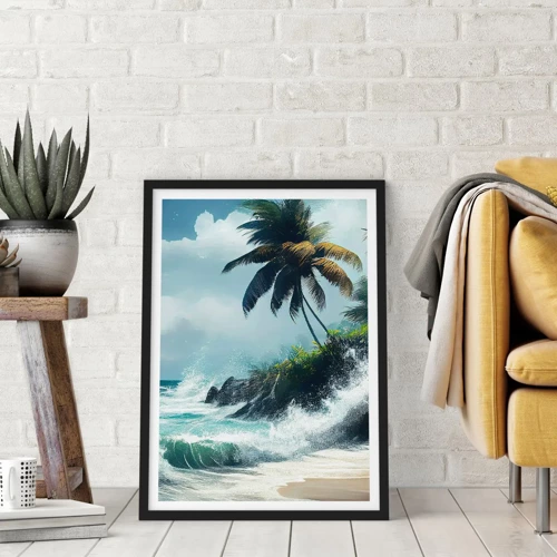 Plakat w czarnej ramie - Na tropikalnym brzegu - Tropikalna plaża z palmami i wzburzonym oceanem - 50x70cm