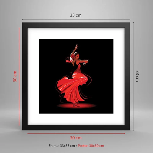 Plakat w czarnej ramie - Ognisty duch flamenco - 30x30 cm