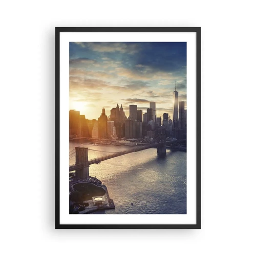 Plakat w czarnej ramie - Pomnik kultury Zachodu - Widok na Manhattan o zachodzie słońca z mostem Brooklińskim - 50x70cm