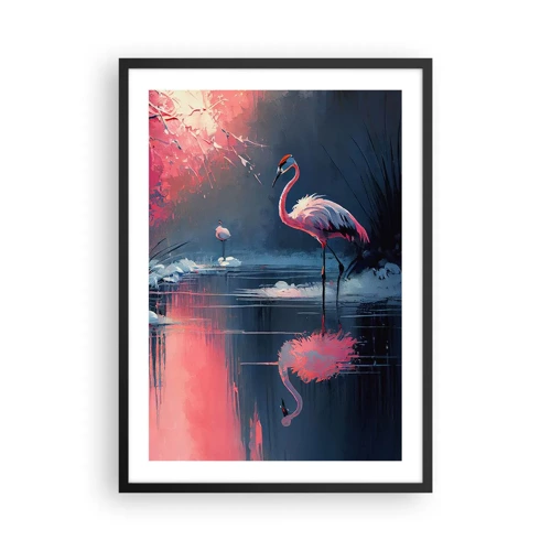 Plakat w czarnej ramie - Ptasie ustronie - Flamingi nad spokojnym jeziorem - 50x70cm