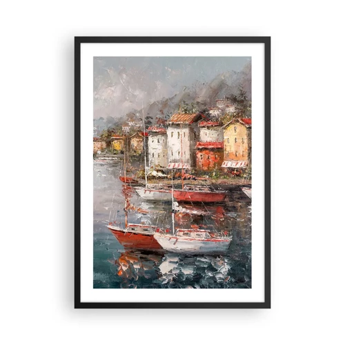 Plakat w czarnej ramie - Romantyczna przystań - Malowniczy port z żaglówkami w stylu impresjonistycznym - 50x70cm