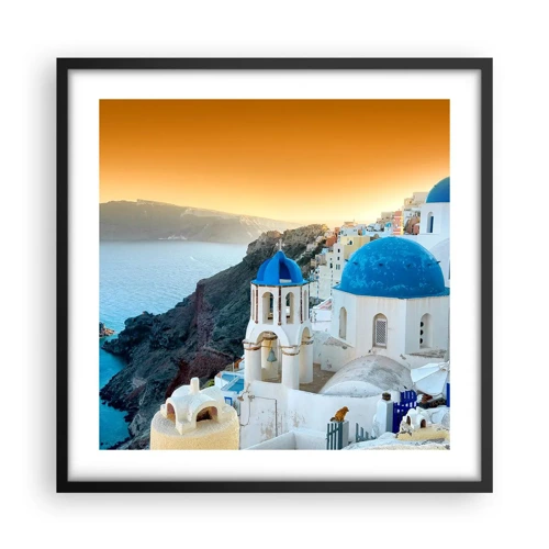 Plakat w czarnej ramie - Santorini - przytulone do skał - 50x50 cm