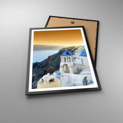 Plakat w czarnej ramie - Santorini - przytulone do skał - 50x70 cm