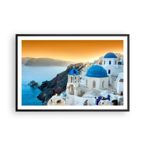 Plakat w czarnej ramie - Santorini - przytulone do skał - 91x61 cm