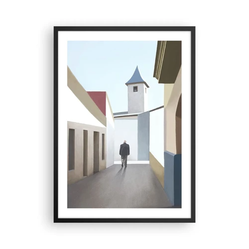 Plakat w czarnej ramie - Słoneczny spacer - Minimalistyczna uliczka z samotnym przechodniem - 50x70cm