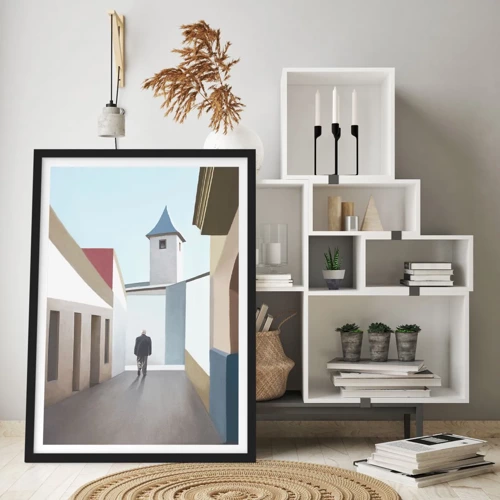 Plakat w czarnej ramie - Słoneczny spacer - Minimalistyczna uliczka z samotnym przechodniem - 50x70cm