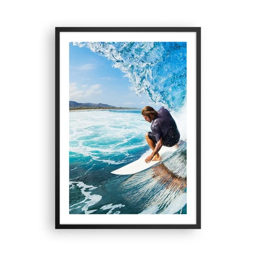 Plakat w czarnej ramie - Tańczący z falami - Surfer w tubie wodnej na tle błękitnego oceanu - 50x70cm