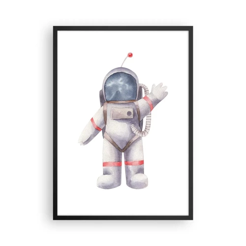 Plakat w czarnej ramie - To na razie! - Akwarelowy astronauta machający w kosmicznej ilustracji - 50x70cm