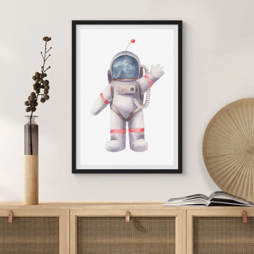 Plakat w czarnej ramie - To na razie! - Akwarelowy astronauta machający w kosmicznej ilustracji - 50x70cm