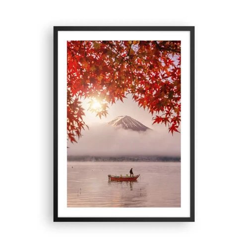 Plakat w czarnej ramie - W japońskim klimacie - Góra Fuji z łodzią na jeziorze i jesiennymi liśćmi - 50x70cm