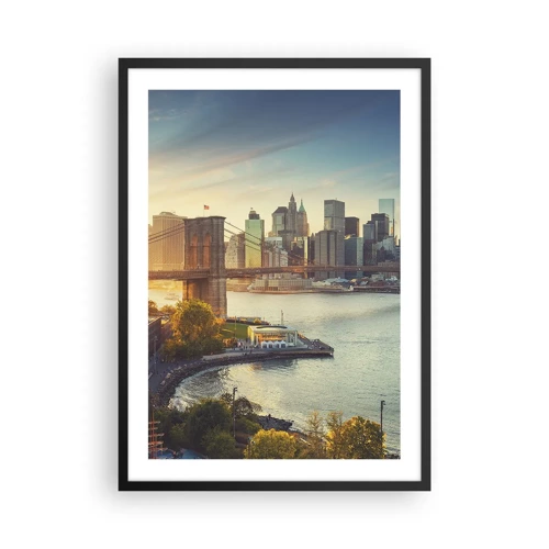 Plakat w czarnej ramie - Wielkomiejski świt - Most Brookliński i panorama Manhattanu o zmierzchu - 50x70cm