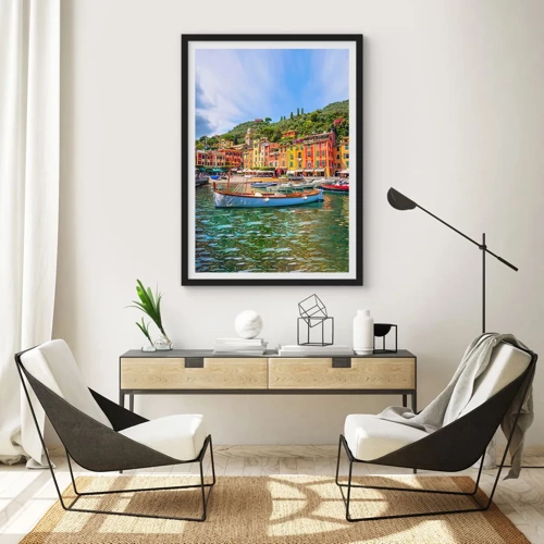 Plakat w czarnej ramie - Włoskie przedpołudnie - Portowa scena z kolorowymi budynkami i łodziami - 50x70cm