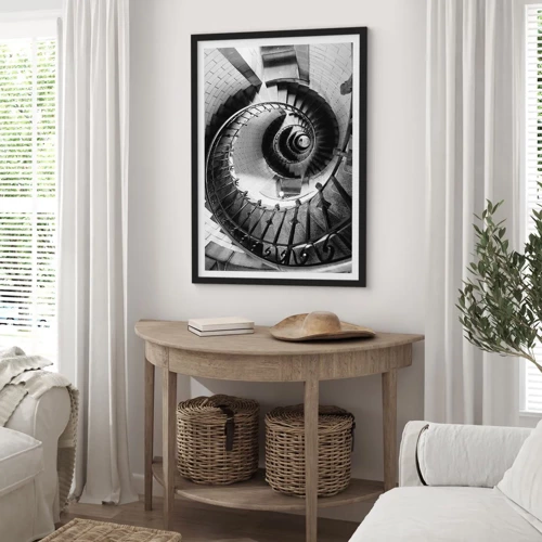 Plakat w czarnej ramie - Wyżej i wyżej - Spiralne schody w czarno-białej perspektywie - 50x70cm