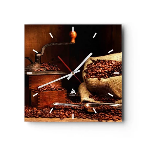 Zegar ścienny - Martwa natura z ziarnami kawy i młynkiem - 30x30 cm