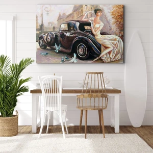 Obraz na płótnie - Elegancja w stylu retro - Kobieta w stylu retro obok klasycznego samochodu - 70x50cm