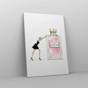 Obraz na płótnie - Esencja kobiecości - Elegancka ilustracja kobiety w czarnej sukience przy dużym flakonie perfum - 50x70cm