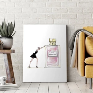 Obraz na płótnie - Esencja kobiecości - Elegancka ilustracja kobiety w czarnej sukience przy dużym flakonie perfum - 50x70cm