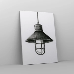 Obraz na płótnie - Jak przed laty… - Czarno-biały rysunek industrialnej lampy wiszącej na jasnym tle - 50x70cm