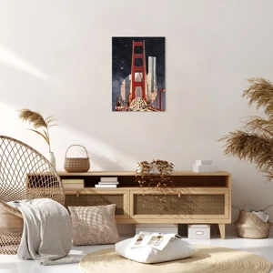 Obraz na płótnie - Zawsze w centrum - Most Golden Gate na tle futurystycznego miasta i rozgwieżdżonego nieba - 50x70cm