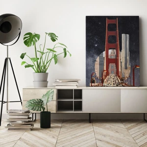 Obraz na płótnie - Zawsze w centrum - Most Golden Gate na tle futurystycznego miasta i rozgwieżdżonego nieba - 50x70cm