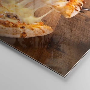 Obraz na szkle - Arcydzieło sztuki włoskiej - Pizza z ciągnącym się serem, pomidorami i szynką na drewnianym tle - 70x50cm