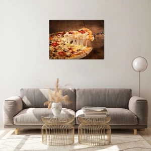 Obraz na szkle - Arcydzieło sztuki włoskiej - Pizza z ciągnącym się serem, pomidorami i szynką na drewnianym tle - 70x50cm