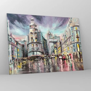 Obraz na szkle - To będzie udany wieczór - Ulica miasta w deszczu z efektownym odbiciem świateł - 70x50cm