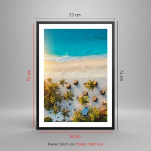 Plakat w czarnej ramie - Witaj w raju - Widok z lotu ptaka na rajską plażę z palmami i turkusową wodą - 50x70cm